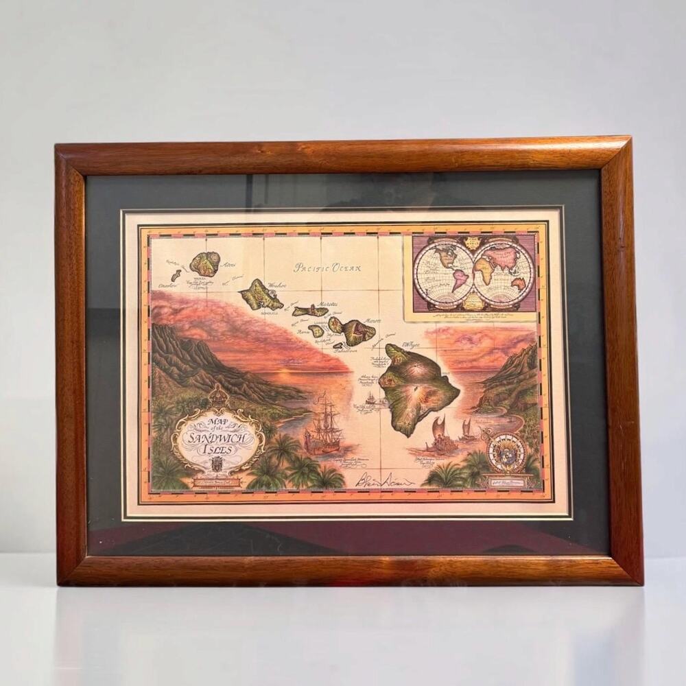 Framed Matted Vintage Art Print Map of the Sandwich Isles Hawaiian Koa Wood